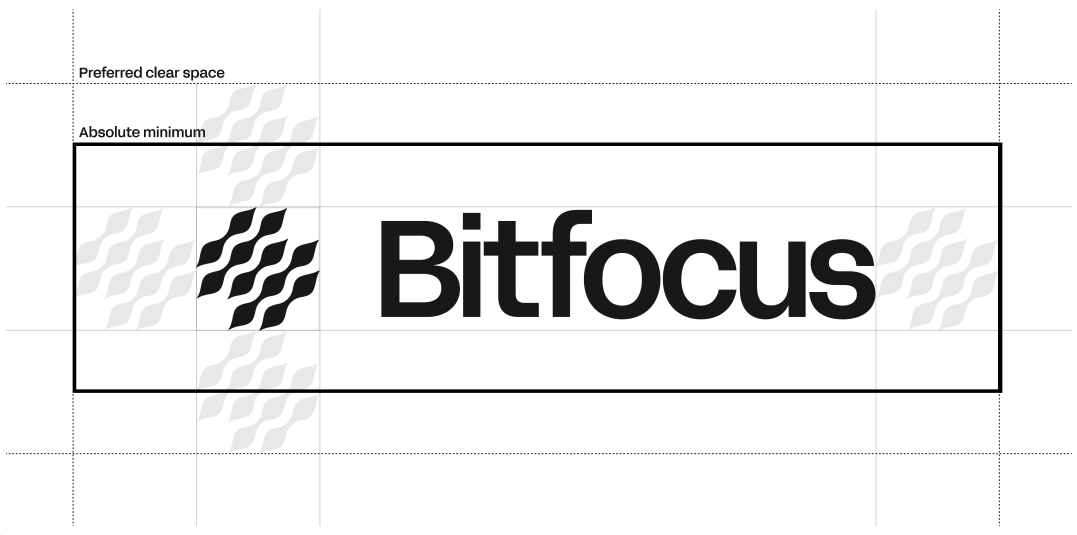 Clear space around the Bitfocus logo. The absolute minimum padding equals the width and height of the symbol. A larger preferred clear space sits outside that.